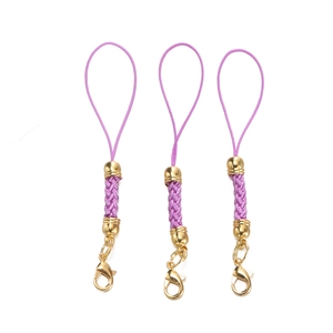 Three purple handmade DIY lanyards with golden lobster clasps and braided details