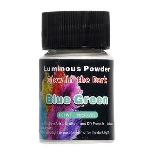 Close-up of a 20g bottle of blue green long-lasting luminous powder for DIY crafts
