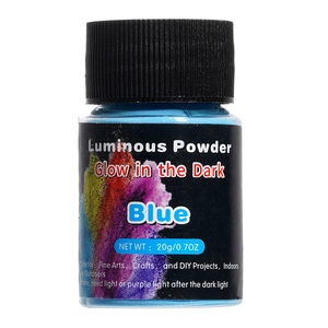 Close-up of 20g blue luminous powder bottle with black screw cap and decorative label