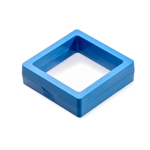 Close-up of blue square PE film display box showing push-to-open button and elastic film