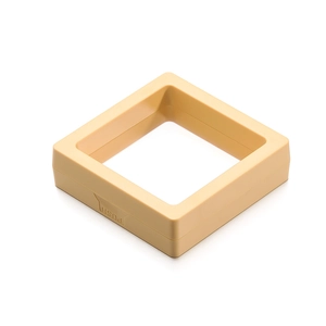 Detail view of square PE film jewelry box with a push release button and beige frame