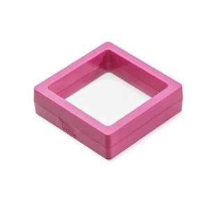Detailed view of the push-to-open latch on a pink 3D floating film jewelry display box