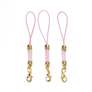 Detailed view of pink braided phone lanyards with gold lobster clasps for DIY accessories