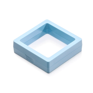 Detail view of light blue PE film suspension jewelry box with a push-to-open button