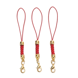 Three red braided cords with golden lobster clasps and metal caps for DIY phone charms