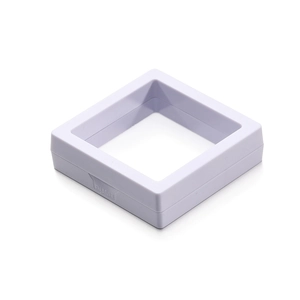 Detailed view of lavender square 3D floating display box with flexible PE membrane and PUSH clip