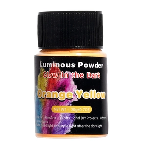 Detailed view of 20g orange yellow long-lasting luminous powder in a clear plastic bottle