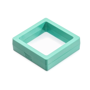Detail of mint green PE film suspension box showing PUSH button for jewelry storage