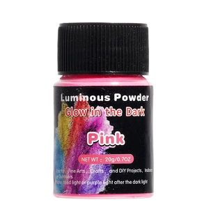 Detailed close-up of 20g bottle of pink luminous powder for DIY crafts and art projects