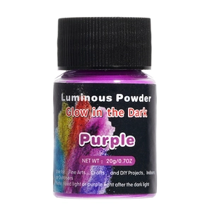 Detailed view of 20g purple luminous powder bottle for DIY crafts and glow in the dark projects