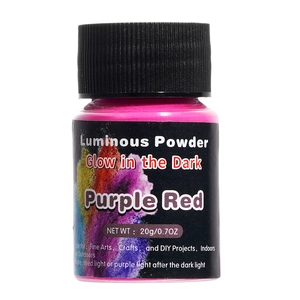 Detailed view of a 20g bottle containing purple red long-lasting glow in the dark powder