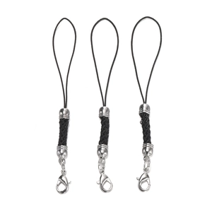 Detail of three black woven lanyard straps with silver lobster clasps for DIY jewelry