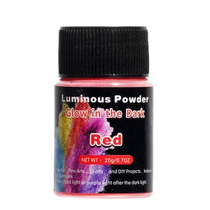 Detailed shot of 20g long-lasting red luminous powder in a clear bottle for DIY art projects