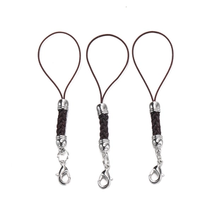 Detailed view of dark brown braided phone lanyards with silver alloy lobster clasps