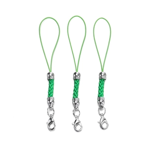 Close-up of green woven phone lanyards with silver lobster clasps and metal end caps