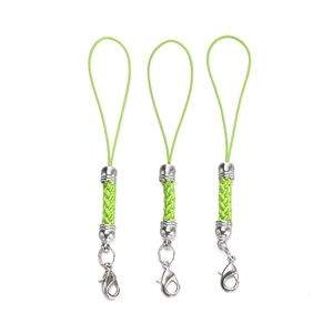 Detail of neon green braided nylon lanyards with silver lobster clasps for DIY accessories