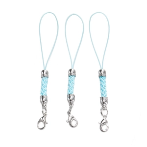 Detail view of light blue braided lanyards with silver metal caps and lobster clasps