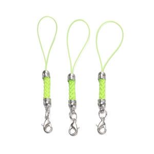 Detailed view of three neon green woven lanyards with silver lobster clasps on white base