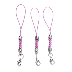 Close-up of three purple braided lanyards with silver lobster clasps and metal connectors