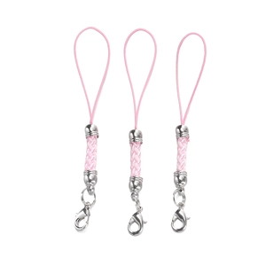Three pink braided phone lanyards with silver lobster clasps on a white background