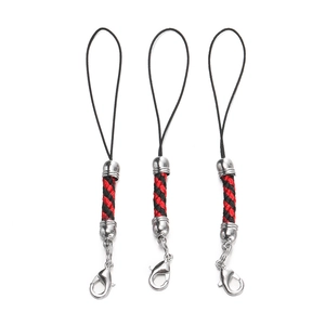 Close-up of red and black braided mobile phone lanyards with silver lobster clasps