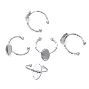 Set of silver adjustable stainless steel ring bases with oval bezel settings for DIY jewelry