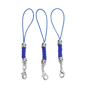 Three-piece blue braided phone lanyards with lobster clasps and silver metal hardware