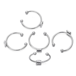 Five silver adjustable DIY ring bases with rectangular mounts for pearl jewelry making