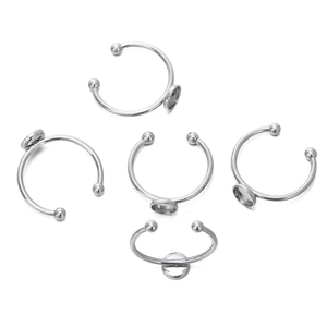 Detailed view of five adjustable 925 silver plated ring bases for DIY jewelry making