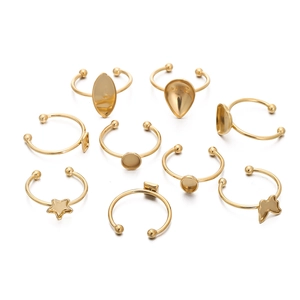 Set of 9 18K gold plated DIY adjustable ring bases with mixed shapes for jewelry making