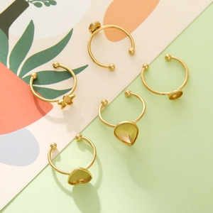 Detailed set of five 18k gold plated stainless steel DIY ring bases in various shapes