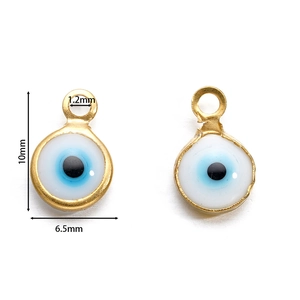 Macro detail of 10mm golden Evil Eye charms for DIY jewelry making with dimensions