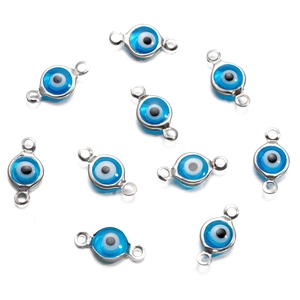 Macro shot of 10 blue evil eye connectors with silver frames for DIY jewelry making