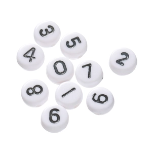 Close-up of white acrylic flat round beads with black numbers and holes for DIY jewelry making