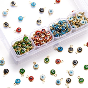 Macro view of colorful evil eye round connectors in gold finish with storage case