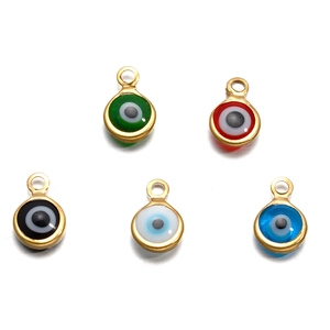 Detail of colorful round evil eye charms in gold finish for DIY jewelry making