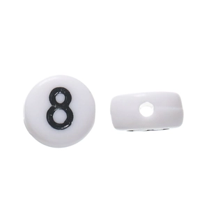 Macro view of white acrylic beads with black number 8 and side threading holes for DIY