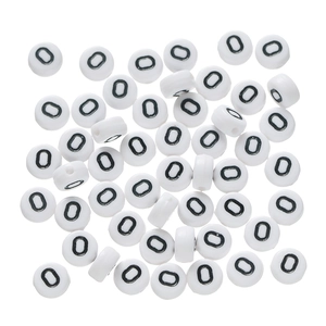 Flat round white acrylic beads with black number zero and letter O for DIY jewelry making
