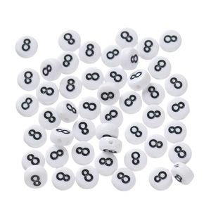 Flat lay of white acrylic round beads with black number 8 for DIY jewelry making