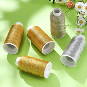 Detail of 5 multi-color metallic embroidery thread spools with 6 strands for DIY crafts