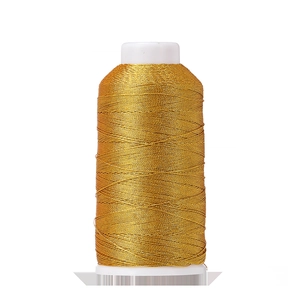 Macro shot of metallic gold polyester thread spool for DIY Chinese knot hand weaving