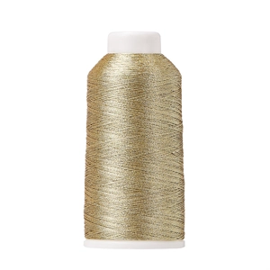 Close-up of shiny gold metallic polyester thread wound on white plastic spool for DIY crafts
