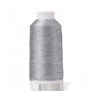 Macro shot of silver metallic embroidery thread spool with high-gloss reflective finish