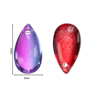 Detailed size guide for 8x14mm teardrop glass charms in purple and red for DIY jewelry