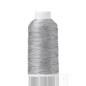 Macro shot of metallic silver embroidery thread wound on a white spool for DIY crafts