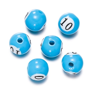 Detailed view of blue acrylic billiard-style beads with number 10 for DIY craft jewelry.