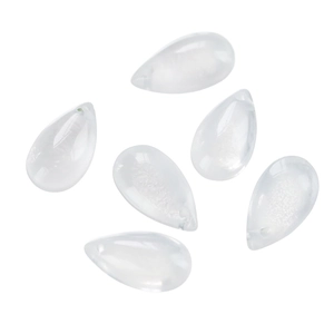 Close-up of six teardrop-shaped frosted glass beads with pre-drilled holes for DIY jewelry