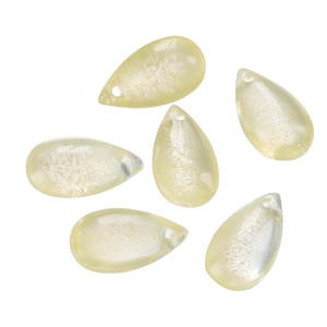 Close-up of six teardrop glass beads with inner white texture for DIY jewelry making