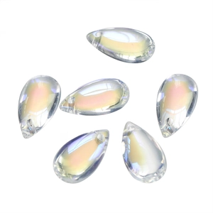 Macro detail of 8x14mm teardrop glass beads with AB colorful coating and pre-drilled holes
