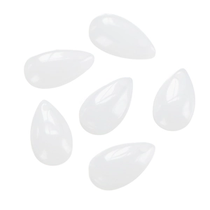 Macro view of six white translucent teardrop glass beads with frosted matte texture
